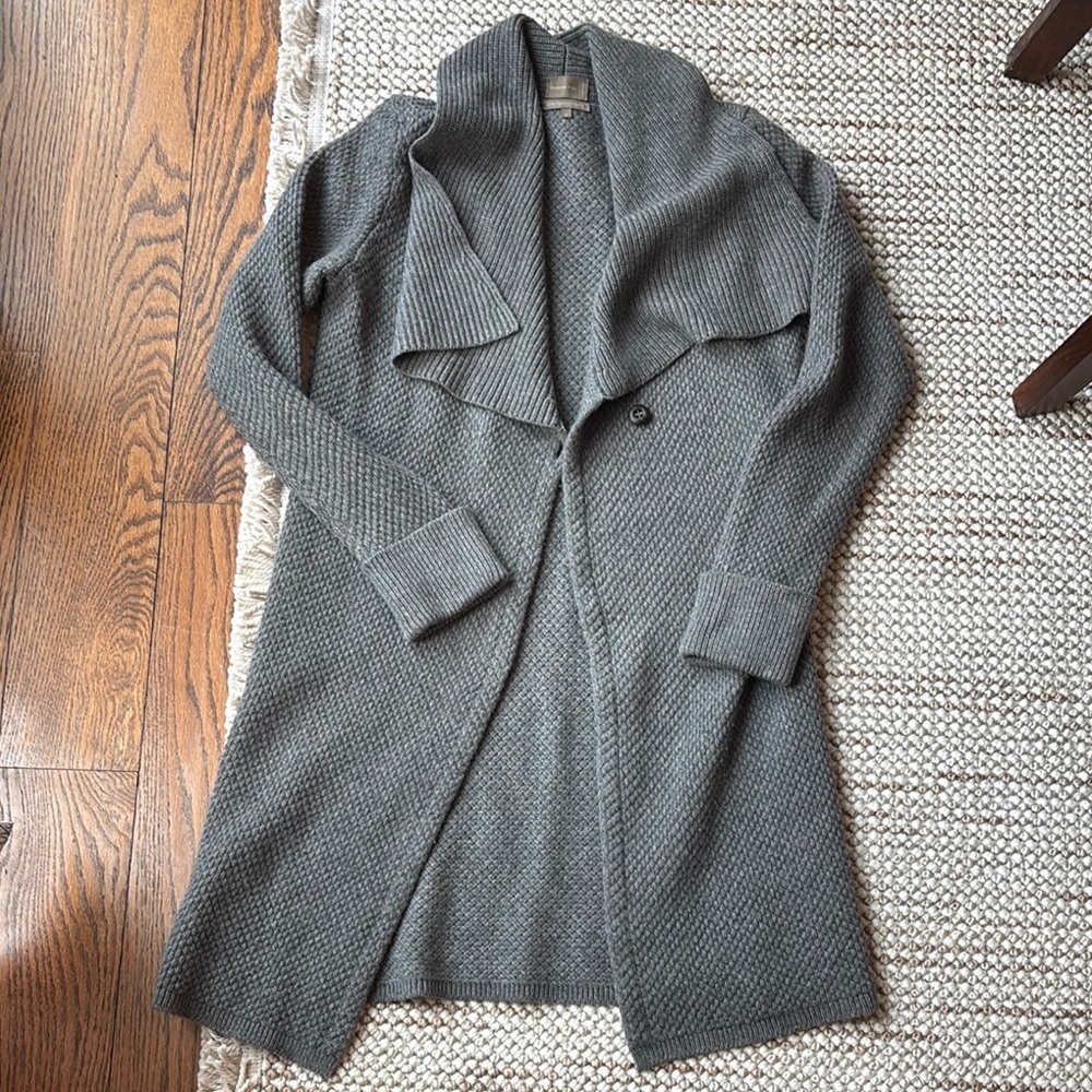 Gray Knit Open-Front Long Cardigan Sweater 100% cashmere